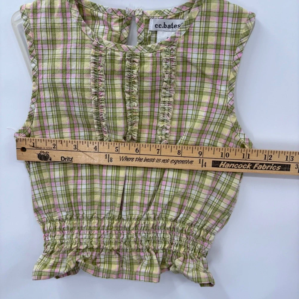 cc.bates Plaid Sleeveless Top Kids 6 Green Pink Ruffle Smocked Peplum Blouse